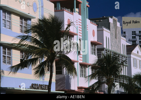 Amérique du Nord USA Floride Miami South Beach Ocean Drive hôtel de style Art Déco façades et cocotiers in early morning light Banque D'Images