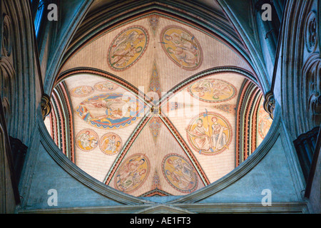 Vue détaillée d'une section de plafond restauré à la cathédrale de Salisbury Salisbury Wiltshire, Angleterre, Royaume-Uni Banque D'Images