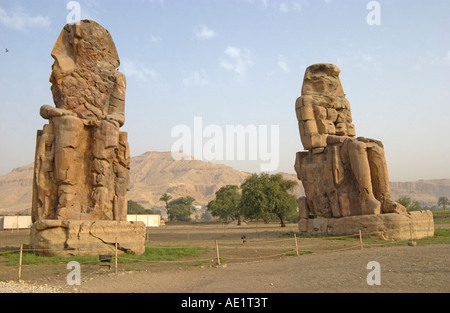 Les colosses de Memnon (appellent les gens comme el-Colossat ou es-Salamat) sont deux énormes statues de pierre du pharaon Aménophis III. Banque D'Images