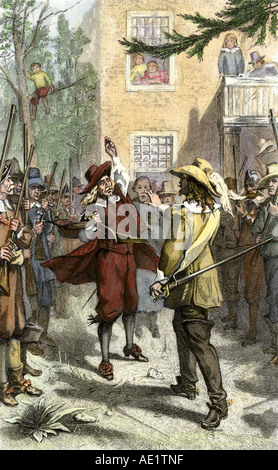 Le chef rebelle Nathaniel Bacon confrontant gouverneur royal Sir William Berkeley dans la colonie de Virginie en 1676. À la main, gravure sur bois Banque D'Images