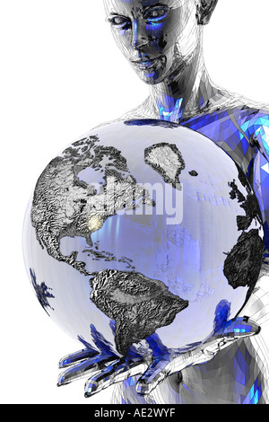 Wireframe mannequin holding a globe Banque D'Images