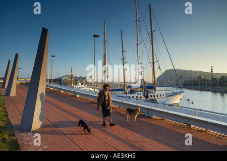 Femme marche ses chiens et les bateaux dans le port avec le monument a Colom monument de Colomb Barcelone Espagne Banque D'Images