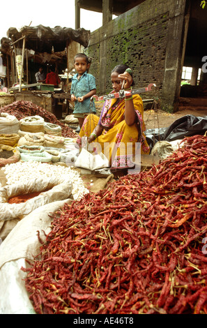 Inde Goa Vasco de Gama femme pesant de la nourriture dans le piment et l'ail, wc séparés Banque D'Images