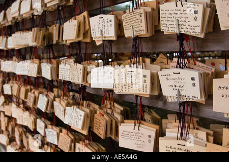 Des rangées de plaques votives en bois - ema - avec des souhaits et des prières en différentes langues à Meiji Jingu à Tokyo au Japon Banque D'Images