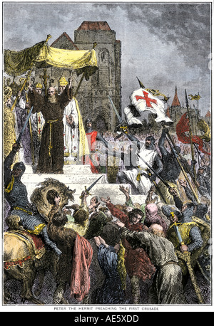 Pierre l'Ermite prêche la première croisade, le pape Urbain II avant 1095. À la main, gravure sur bois Banque D'Images