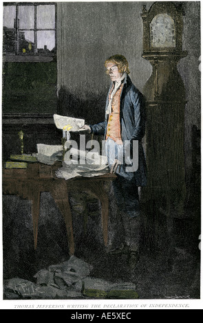Thomas Jefferson écrit la déclaration d'indépendance. La main, la gravure. À la main, gravure sur bois d'un Howard Pyle illustration Banque D'Images