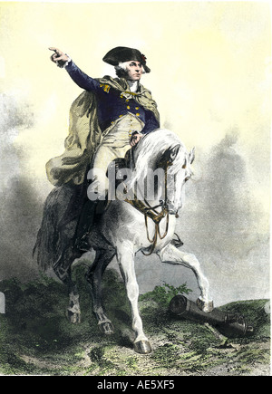 Le général George Washington sur un cheval de bataille de la Révolution américaine. À la main, gravure sur acier Banque D'Images