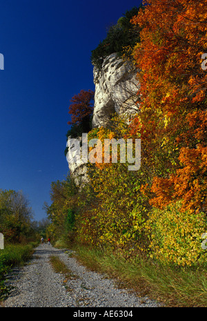 Un sentier panoramique le long de falaises calcaires de base à l'automne sur des rails aux sentiers KATY (MKT) Trail, Rocheport, Missouri USA Banque D'Images