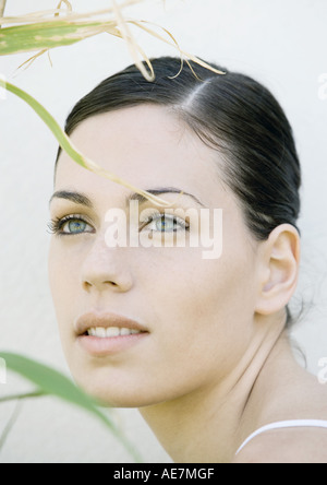 Visage de femme, des brins d'herbe en premier plan Banque D'Images