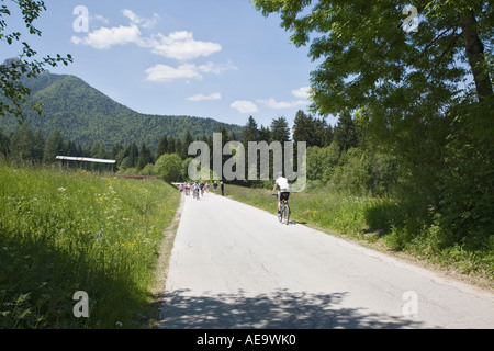 Kranjska Gora Slovénie. Les cyclistes sur piste cyclable par fleur alpine meadows dans la vallée dans les Alpes Juliennes en été Banque D'Images