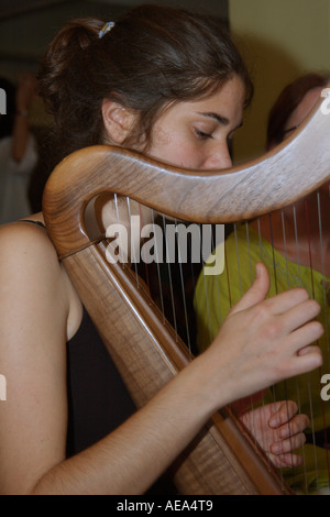 La lecture d'une harpe celtique sur scène Banque D'Images