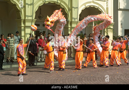 Des danseurs professionnels faisant la danse du dragon pour la célébration du Nouvel An chinois. Banque D'Images