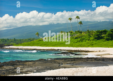 SAVAII SAMOA région point le plus occidental de l'île de savaii tête kap strand beach sand paumes nuages soleil vacances voyage loisirs wave Banque D'Images