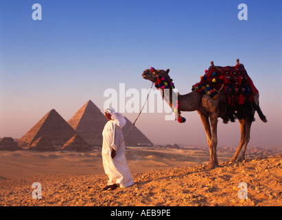 Jeune membre de la bédouine avec camel en face de pyramids, Giza, Cairo Egypte Banque D'Images