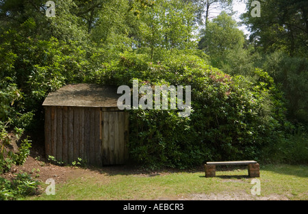 Cabane en bois et un banc dans le jardin de la maison de T E Lawrence Lawrence d'Arabie à Dorset Clouds Hill Banque D'Images