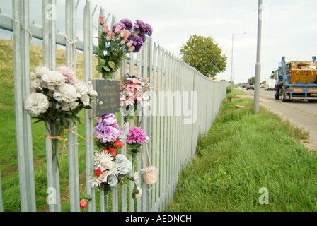 Tributs floraux et une plaque fixée au blanc fer forgé par la route où il y a eu un accident mortel Banque D'Images