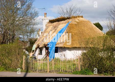 Toit de chaume de gîte en cours de renouvellement Banque D'Images