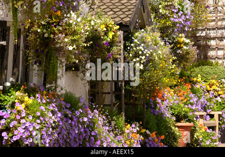 Affichage Floral extérieur Cross Keys pub à l'Usk, la ville participe chaque année dans les pays de Galles et l'Angleterre dans les compétitions de Bloom Banque D'Images