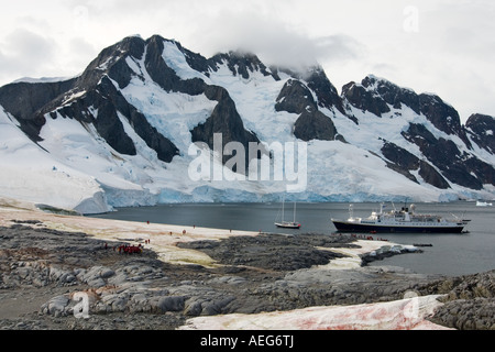 Les touristes extraire une Gentoo pingouin Pygoscelis papua colonie le long de la péninsule Antarctique de l'ouest Banque D'Images