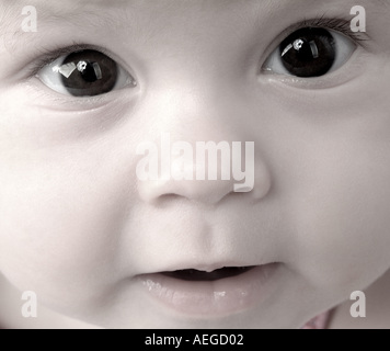 Bebe Pres Haut Brun Mignon Yeux Joues Roses Fixant La Curiosite Photo Stock Alamy