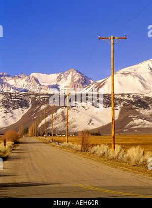 Route avec des lignes de transport d'électricité et de l'Est des montagnes Sierra en Californie Banque D'Images