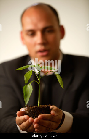 Young Woman holding doucement une petite usine, focus on foreground Banque D'Images