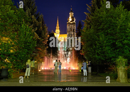 La fontaine chantante et cathédrale St Elizabeth, Kosice, Slovaquie Banque D'Images