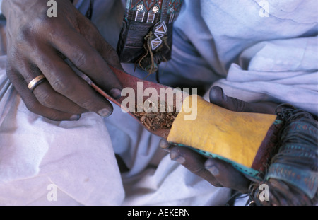 Mali Menaka près de Gao, l'homme de tribu touareg tabac holding Banque D'Images