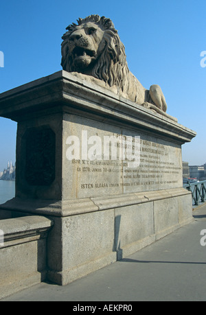 Statue de Lion sur le pont à chaînes Széchenyi, Lanchid, sur le Danube, Budapest, Hongrie Banque D'Images