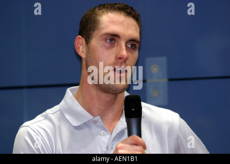 British Open Squash Tournament Les hommes s'en David Palmer AUS après avoir remporté le tournoi Banque D'Images