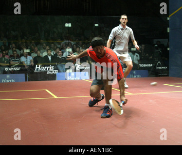 British Open Squash Tournament Men s Final 3 David Palmer AUS white v 5 Amr Shabana EGY rouge et noir, Palmer a gagné 14 117 13 16 Banque D'Images