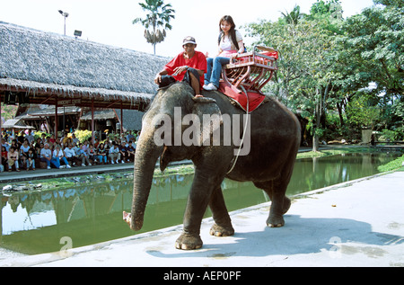 Assis sur l'éléphant, le Rose Garden Riverside Sampran Nakorn Pathom,, près de Bangkok, Thaïlande Banque D'Images