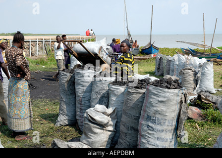 Luo femmes avec des sacs de charbon de bois importés de l'Ouganda sur le lac Victoria après avoir été débarqué près de Kisumu au Kenya Afrique de l'Est Banque D'Images