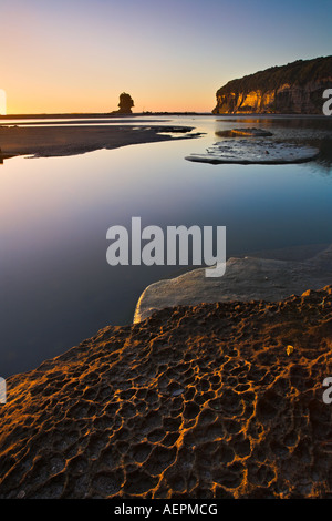 Les formations de grès sur une plage à l'Paparoa National Park, New Zealand Banque D'Images