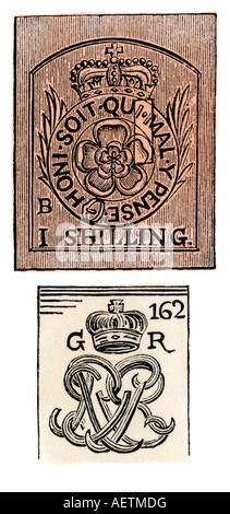 Timbres émis par le gouvernement britannique avant la Révolution américaine. À la main, gravure sur bois Banque D'Images
