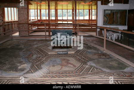 Marbre mosaïque représentant l'enlèvement de Ganymède par Zeus déguisé en un grand aigle. Bignor Roman Villa Sussex UK Banque D'Images