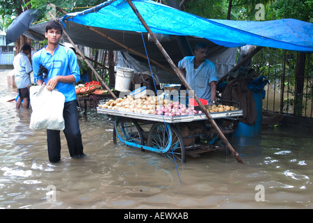 Vendeur de légumes dans la pluie de record mondial de la mousson à Bombay Mumbai Inde maintenant Banque D'Images