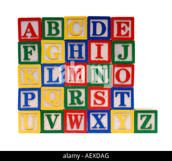 L'alphabet complet sur les blocs de construction pour enfants isolé sur fond blanc Banque D'Images