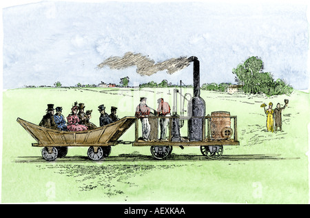 Wagon passager tiré par Peter Cooper locomotive expérimentale Tom Pouce sur le B et O Railroad en 1830. À la main, gravure sur bois Banque D'Images