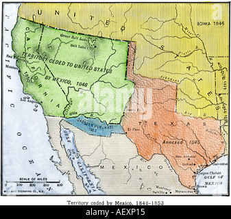 La carte du territoire cédé par le Mexique aux États-Unis après la Guerre du Mexique de 1848 à 1853. À la main, gravure sur bois Banque D'Images
