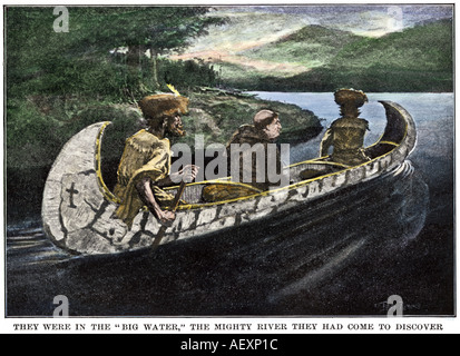 Le père Jacques Marquette et Louis Joliet dans un canot sur le haut Mississippi River 1673. La main, d'une illustration de demi-teinte Banque D'Images