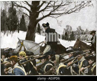 Le général George Washington conduisant l'armée continentale à Valley Forge camp d'hiver. La main, d'une illustration de demi-teinte Banque D'Images