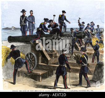 Les canons de fortification de l'armée de l'Union de Fort Moultrie avant d'évacuer à Fort Sumter le 26 décembre 1860, début de la guerre civile. À la main, gravure sur bois Banque D'Images