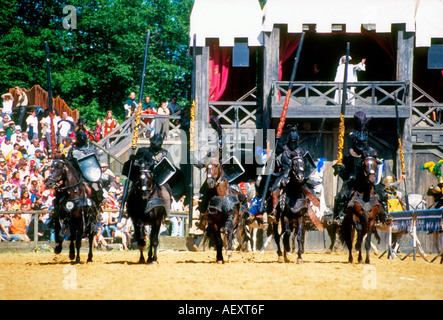 Chevaliers sur l'holding lance un drapeau en tournoi festival médiéval en Bavière Allemagne Kaltenberg Banque D'Images