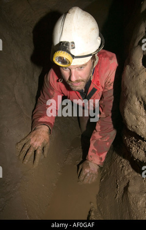 Un homme spéléologue lentement à un rétrécissement serré dans le passage boueux Notts nouvellement découvertes II cave sous Leck a diminué dans les Y Banque D'Images