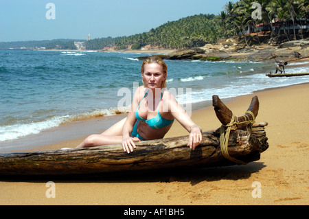 Séjour touristique en catamaran, PULINGUDI BEACH PRÈS DE KOVALAM Banque D'Images