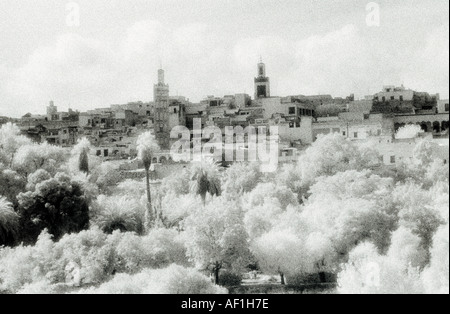 Paysage urbain infra rouge sur la ville de Meknès au Maroc au Maghreb en Afrique du Nord Sahara. Biblique mauresque onirique infrarouge Banque D'Images