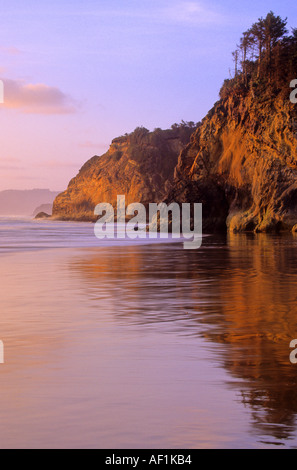 Le coucher du soleil colore les bluffs à l'aire de loisirs d'état de Hug Point sur la côte de l'Oregon, USA Banque D'Images