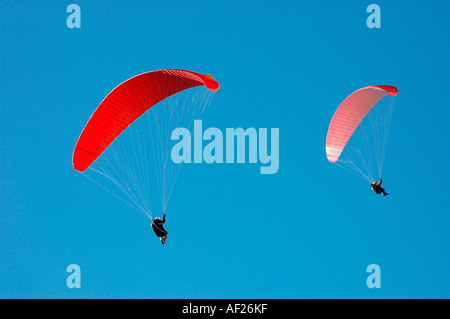 Deux pilotes volant red para planeurs contre un ciel bleu parfaitement Banque D'Images