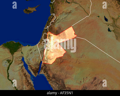 Image satellite de la Jordanie en surbrillance montrant des frontières du pays Banque D'Images